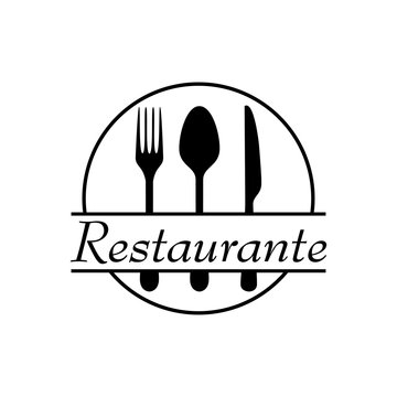 Icono plano Restaurante con cubiertos y circulo en color negro