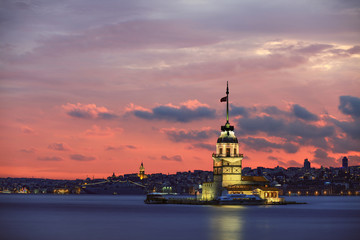 Fototapeta premium Istanbul Turkey Maiden's Tower Long Exposure at Sunset with Beautiful Sky