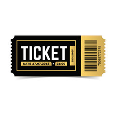 Vector ticket isolated on white background. Cinema, theater,  concert, play, party, event festival black and gold ticket realistic template. - 193944953
