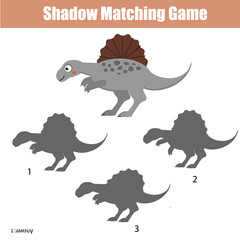 Shadow matching game. Kids activity with dinosaur