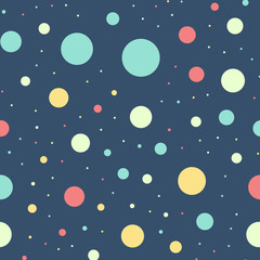 Colorful polka dots seamless pattern on bright 16 background. Fantastic classic colorful polka dots textile pattern. Seamless scattered confetti fall chaotic decor. Abstract vector illustration.
