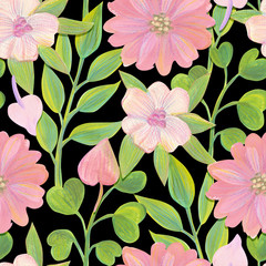 Gouache painted flowers and leaves Bright seamless pattern