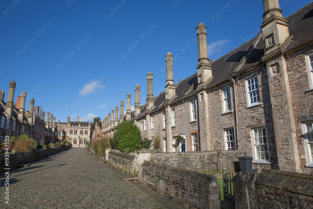 Canvas Prints vicars close next to wells cathedral somerset england uk historic row of cottages, houses and chimne