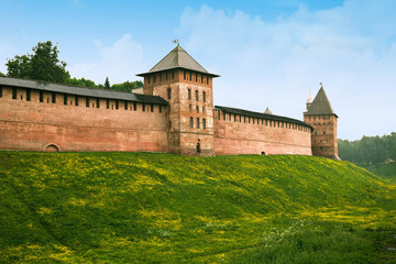 ancient, wall, kremlin, brick, novgorod, russia, architecture, tower, veliky, landmark, russian, red, sky, blue, landscape, summer, park, fortress, tourism, architectural, hill, historic, spring, monu