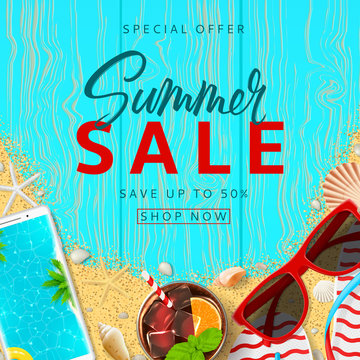 Summer sale beautiful background. Top view on red sun glasses, seashells, cocktail, smartphone, flip flops and sea sand on wooden texture. Vector illustration with special discount offer.