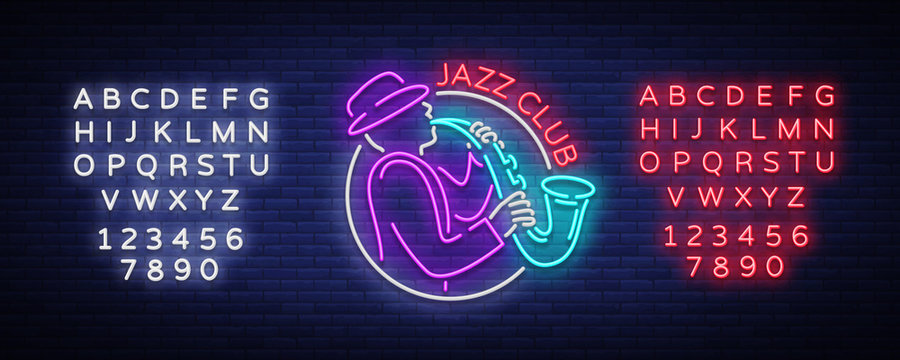 Jazz Club Neon Vector. Neon sign, Logo, Brilliant Banner, Bright Night Advertising for your projects on Jazz Music. Live music. Editing text neon sign