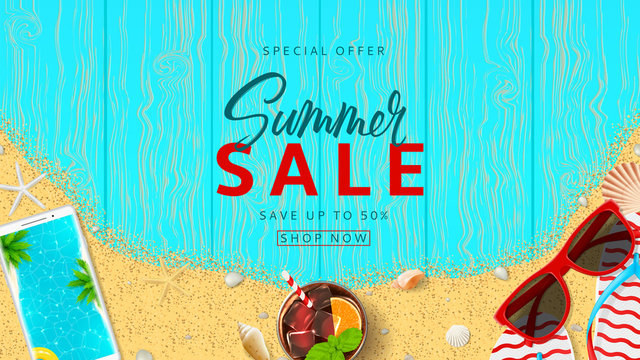 Summer sale beautiful web banner. Top view on red sun glasses, seashells, cocktail, smartphone, flip flops and sea sand on wooden texture. Vector illustration with special discount offer.
