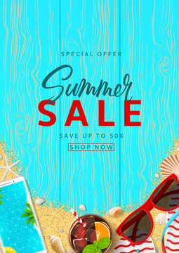 Summer sale beautiful flyer. Top view on red sun glasses, seashells, cocktail, smartphone, flip flops and sea sand on wooden texture. Vector illustration with special discount offer.