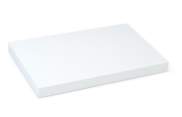 White package blank box from top front side angle. 3D illustration. Isolated on white background with soft shadow