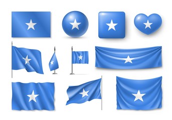 Set Somali flags, banners, banners, symbols, realistic icon. Vector illustration of collection of national symbols on various objects and state signs