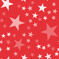 Obraz premium White stars seamless pattern on red background. Pleasing endless random scattered white stars festive pattern. Modern creative chaotic decor. Vector abstract illustration.