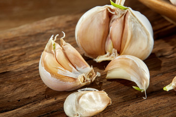 Garlic close up on wooden plate on rustic background, shallow depth of field, selective focus, macro