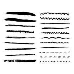 Black ink vector strokes. Wave, dotted, straight, dotted black lines. Acrylic brush line. Hand painted design elements.