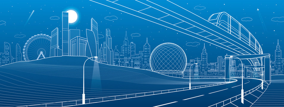 Monorail railway. Illuminated highway. Transportation urban illustration. Skyline modern city at background. Business buildings. Night town. White lines on blue background. Vector design art
