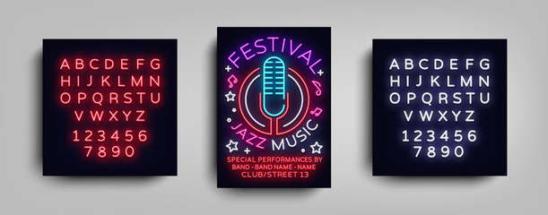 Jazz Music Festival Design Template Typography in Neon Style. Neon Sign, Bright Advertising, Flyer Invitation to the Party, Festival, Jazz Music Concert. Vector illustration. Editing text neon sign