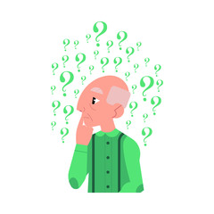 Vector flat old caucasian elderly grey-haired man in casual green clothing standing in thoughtful pose holding chin thinking with questions above head portrait. Isolated background illustration