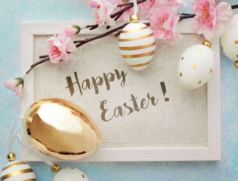 easter greeting card. photo frame with easter eggs and flowers
