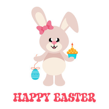 cartoon easter bunny girl with bow and easter egg and cake with text