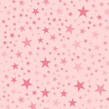 Pink stars seamless pattern on light pink background. Captivating endless random scattered pink stars festive pattern. Modern creative chaotic decor. Vector abstract illustration.