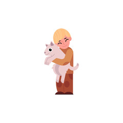 Obraz premium Vector cartoon happy teen boy kid hugging white dog pet holding on his arms. Male character standing smiling with eyes closed. Isolated illustration on a white background.