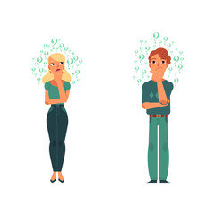 Vector flat young cute caucasian adult blonde woman, man casual clothing. Beautiful character standing thoughtful pose holding chin thinking with questions above head. Isolated background illustration