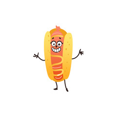 vector cartoon hotdog character, humanized snack with mustard, fastfood object with face, arms and legs smiling for kids restaurant menu. Isolated illustration on a white background.