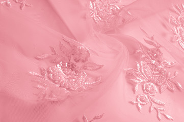 texture pink tulle. Metallic fuchsial flower embroidered tulle panel. Light, extremely thin, it is...