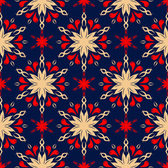 Blue seamless background. Floral beige and red pattern