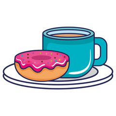 coffee cup with dish and donut vector illustration design