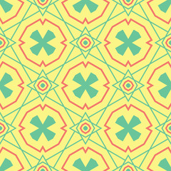 Geometric seamless pattern. Yellow background with pink and green design