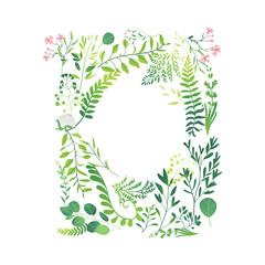 Vector cartoon abstract green plants flower herbs frame template. Meadow garden spring easter, women day romantic holiday, wedding invitation card summer floral Illustration white background