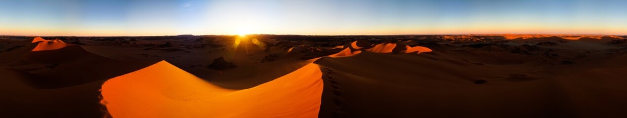 360 sunset panoramic view to Tin Merzouga dune at Tassili nAjjer national park, Algeria