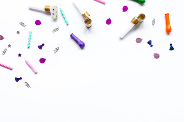 birthday party set with confetti on white background top view mo