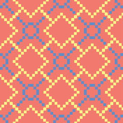 Geometric seamless pattern. Bright red background with blue and yellow design