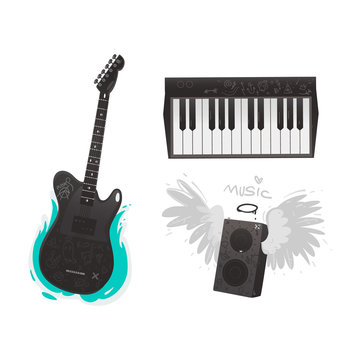 Vector flat music symbols set. Electric guitar, loudspeaker with angel wings, nimbus, piano. Heavy metal, hard classic punk rock culture. Isolated background illustration