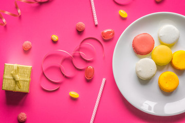 concept party on pink background top view