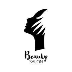 Beauty salon logo with woman head silhouette and hand.