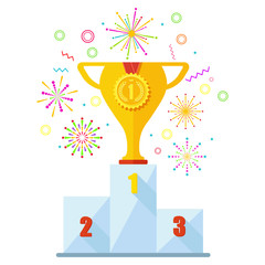 Winner podium and fireworks, champion place. First, second and third place in the competition. Flat vector cartoon award illustration. Objects isolated on a white background.