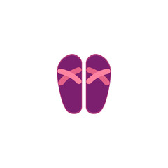 Pair of pink and purple rubber flip-flops, typical summer vacation footwear, flat cartoon vector illustration isolated on white background. Flat cartoon rubber flip-flops, summer footwear