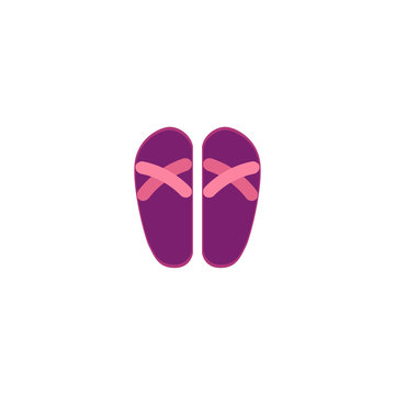Pair of pink and purple rubber flip-flops, typical summer vacation footwear, flat cartoon vector illustration isolated on white background. Flat cartoon rubber flip-flops, summer footwear
