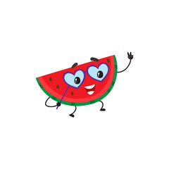 Funny watermelon character with human face wearing heart-shaped glasses, having fun at party, cartoon vector illustration isolated on white background. Watermelon character in glasses having party