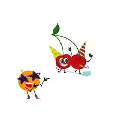 Vector flat fruit characters summer party set. Orange in fancy star glasses dancing, cherry making selfie in party hat. Summer vacation, party poster. Isolated illustration, white background