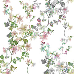 Watercolor painting of leaf and flowers, seamless pattern on white background