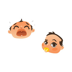 Vector flat baby face with facial expression set. dissapointed unhappy boy kid crying, curious child sucking nipple. Cartoon funny emotional character portrait. Isolated illustration, white background