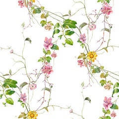 Watercolor painting of leaf and flowers, seamless pattern on white background