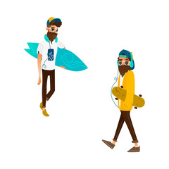 Vector cartoon hipster man with beard, glasses cap, headphones holding surf, skateboard set. Male handsome character portraits fashion style haircut mustache. Isolated background illustration