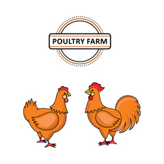 vector flat hand drawn brown rooster, cock with red crest and hen chicken. Isolated illustration on a white background. Farm poultry object for advertising, poster design.