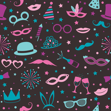 Colorful background with photobooth party icons. Seamless texture.