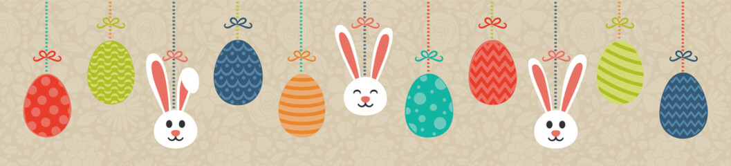 Pastel coloured Easter banner with hanging bunnnies and decorative eggs. Vector.