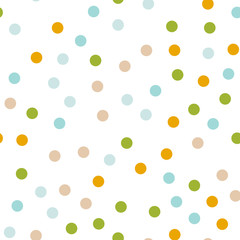 Colorful polka dots seamless pattern on white 1 background. Incredible classic colorful polka dots textile pattern. Seamless scattered confetti fall chaotic decor. Abstract vector illustration.